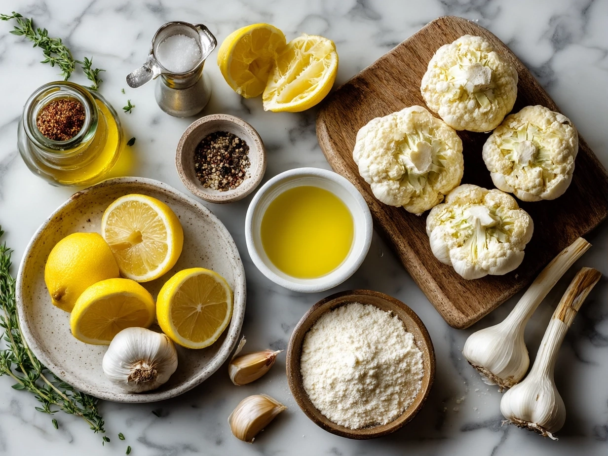 Raw ingredients including roasted garlic, olive oil, heavy cream, Parmesan cheese, lemon, and parsley for creamy roast garlic and lemon pasta sauce