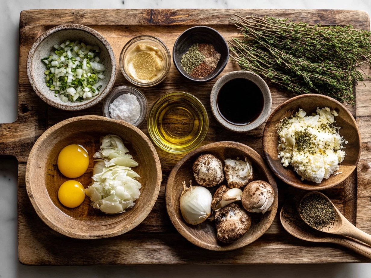 Top-down view of raw ingredients for Dutch Oven French Onion Soup arranged on marble countertop
