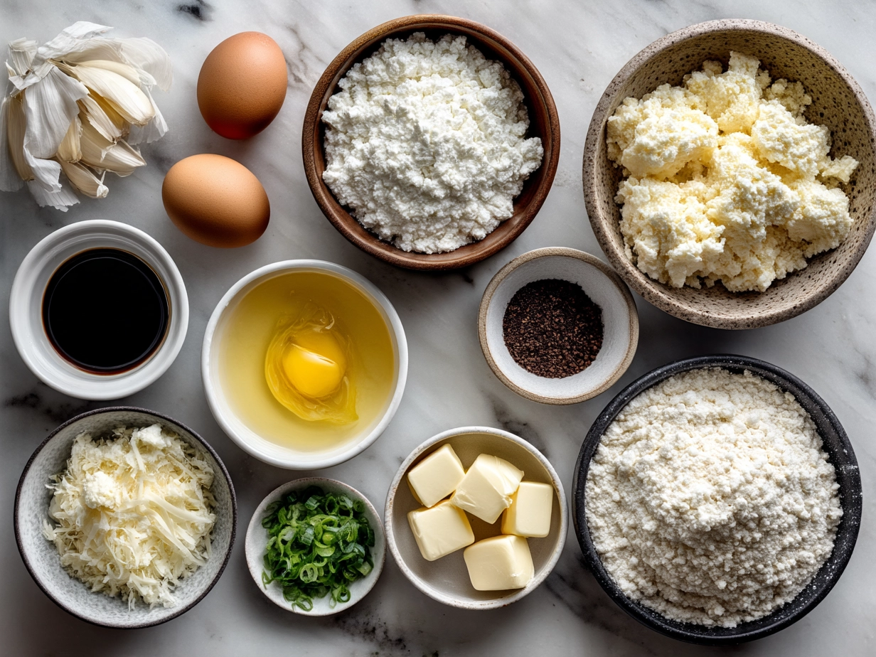 Raw ingredients for garlic cottage cheese naan laid out on marble counter including flour, garlic, paneer, butter, yogurt and herbs