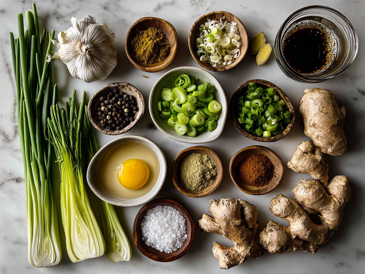Top-down view of raw ingredients for Ginger Scallion Chicken Noodle Soup including chicken thighs, scallions, ginger, garlic, and noodles