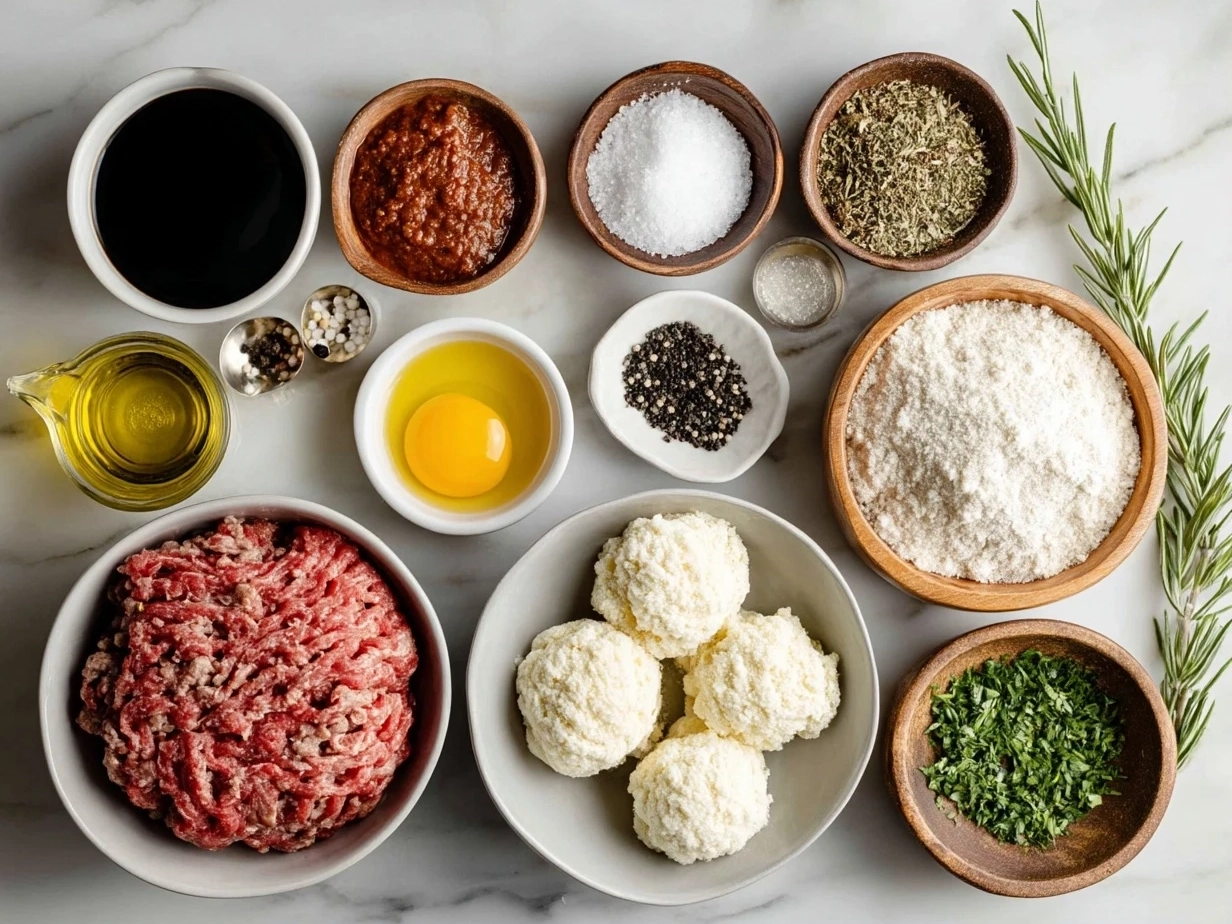 Top down view of raw ingredients for Ground Beef Stroganoff arranged on marble counter. Modern kitchen organized mise en place.