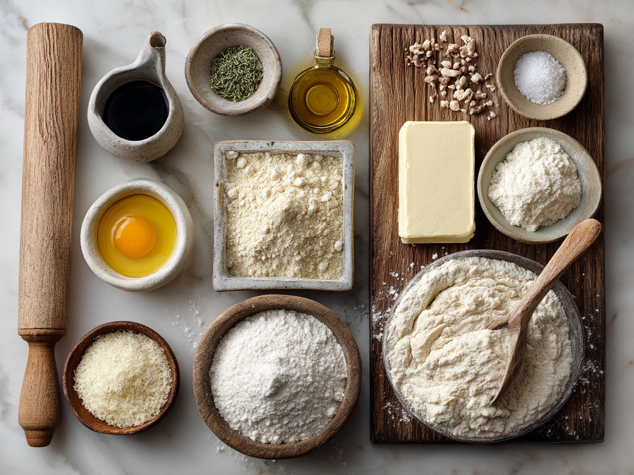 Raw ingredients laid out for making homemade Italian bread including flour, yeast, salt, sugar, olive oil, and water