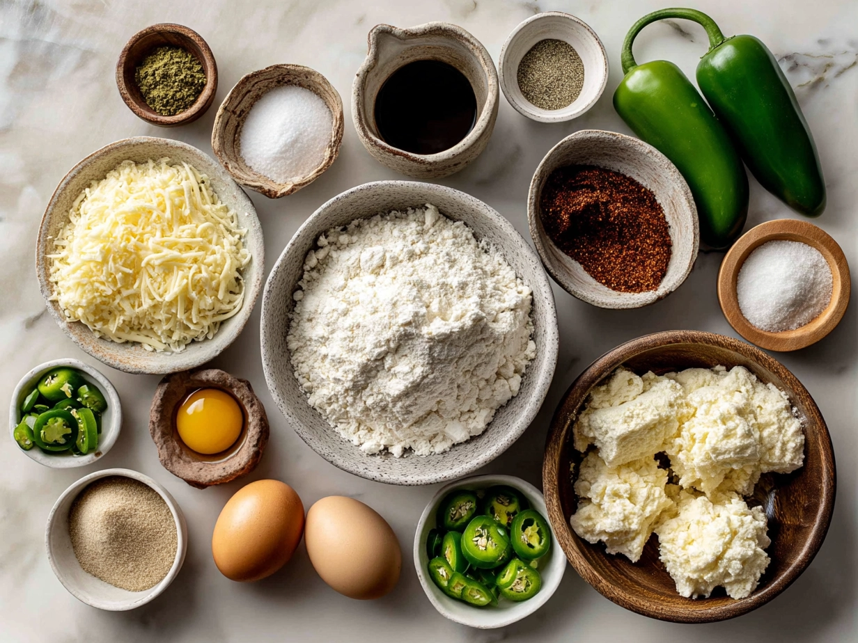 Raw ingredients for jalapeno popper pinwheels on marble surface