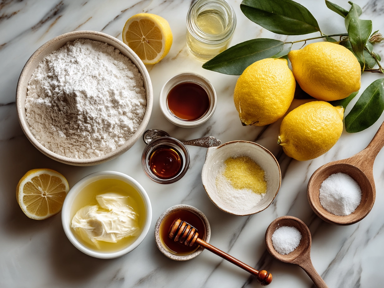 Raw ingredients for Limoncello Cake including flour, sugar, eggs, lemon, and limoncello liqueur