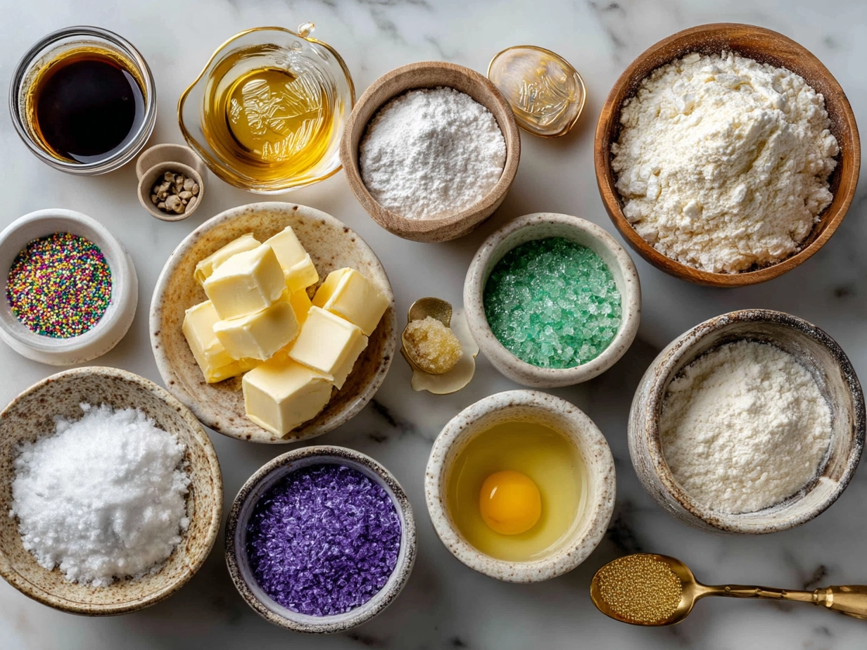 Top down raw ingredients for Mardi Gras King Cake laid out