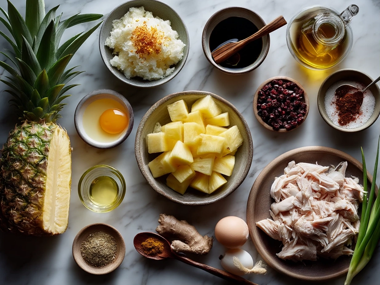 Top-down view of raw ingredients for pineapple chicken on marble surface