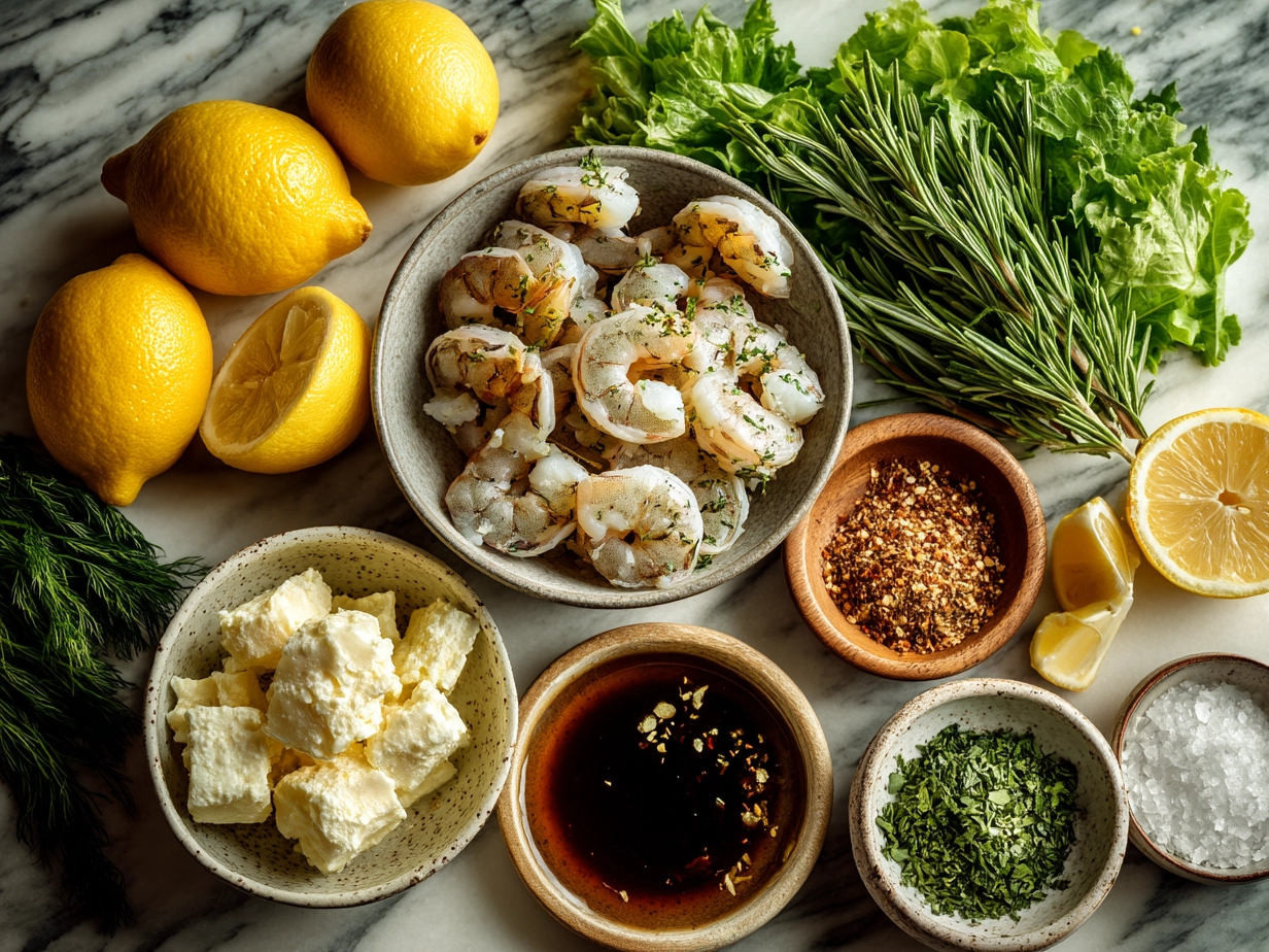 Top-down view of raw ingredients for Shrimp Scampi Nourish Bowl