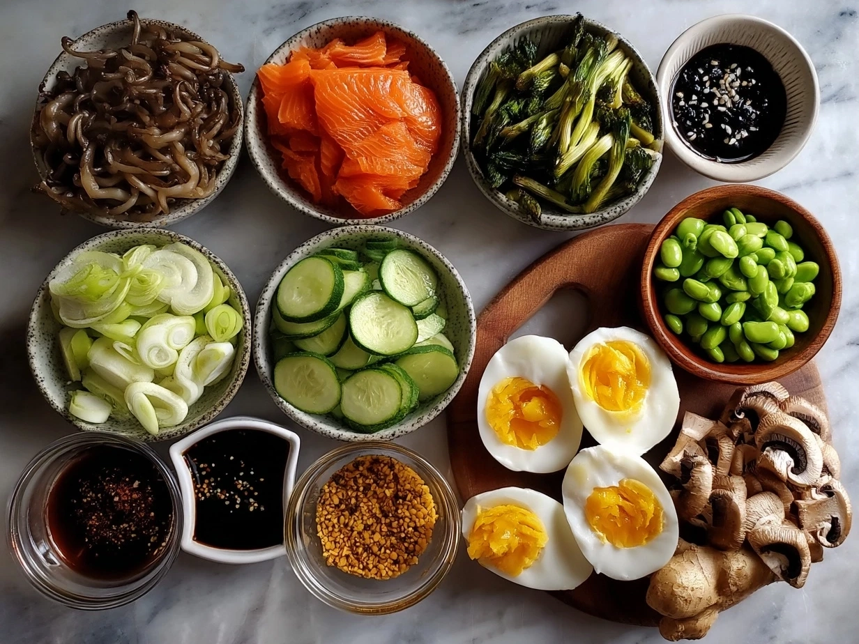 Top down view of raw ingredients for Superbowl Food Nourish Bowl including quinoa, chicken, avocado, purple cabbage, cherry tomatoes, and pepitas