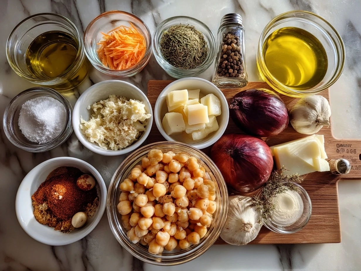 Top down view of raw ingredients for Tuscan Chickpea Soup on marble surface