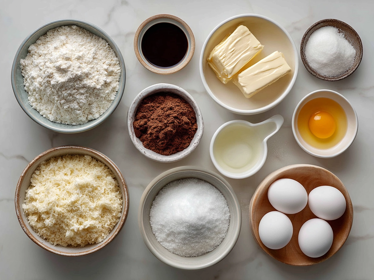 Top down view of raw ingredients for basketball sugar cookies on marble
