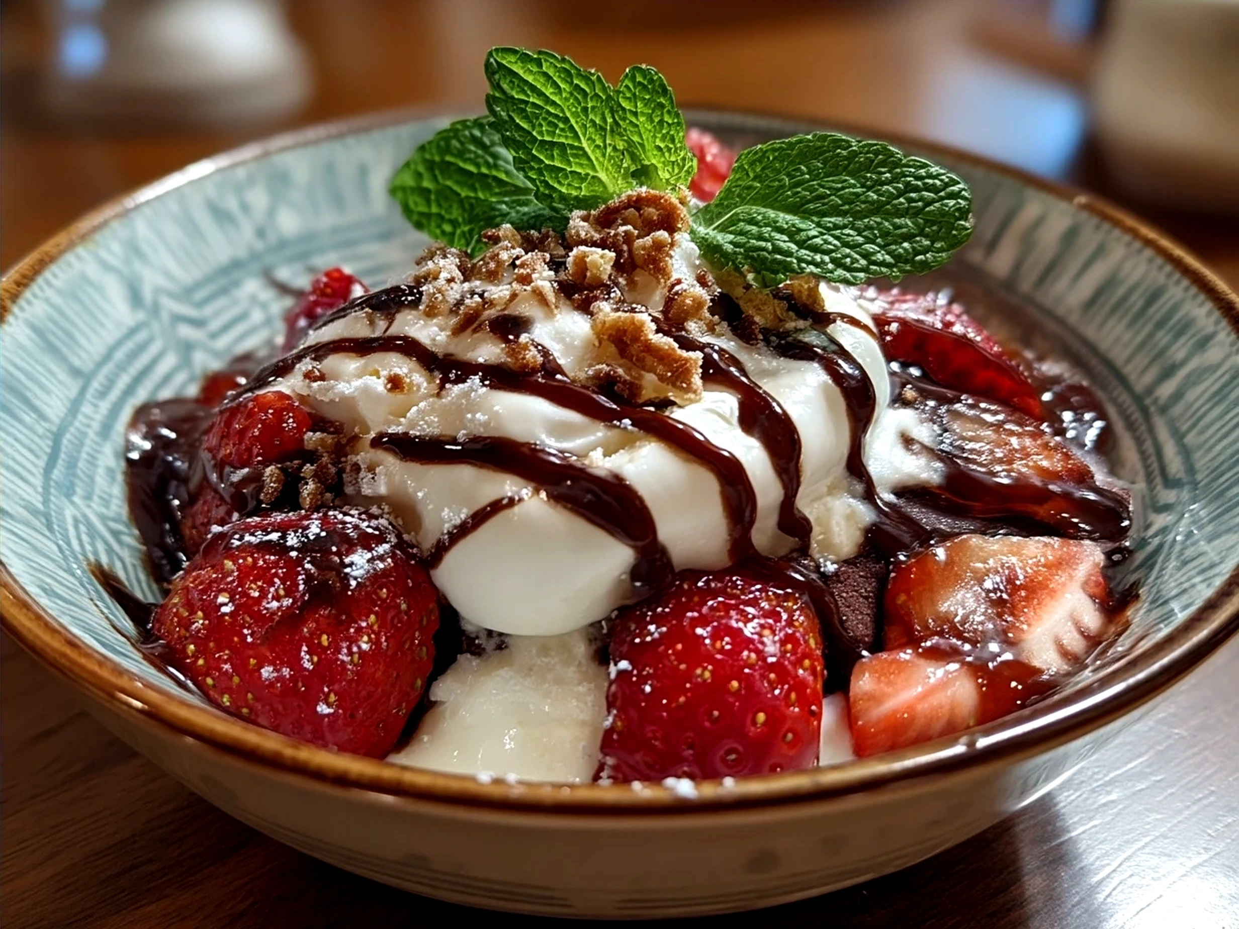 Final presentation of Valentines Cakes Nice Cream Bowl topped with fresh berries and nuts