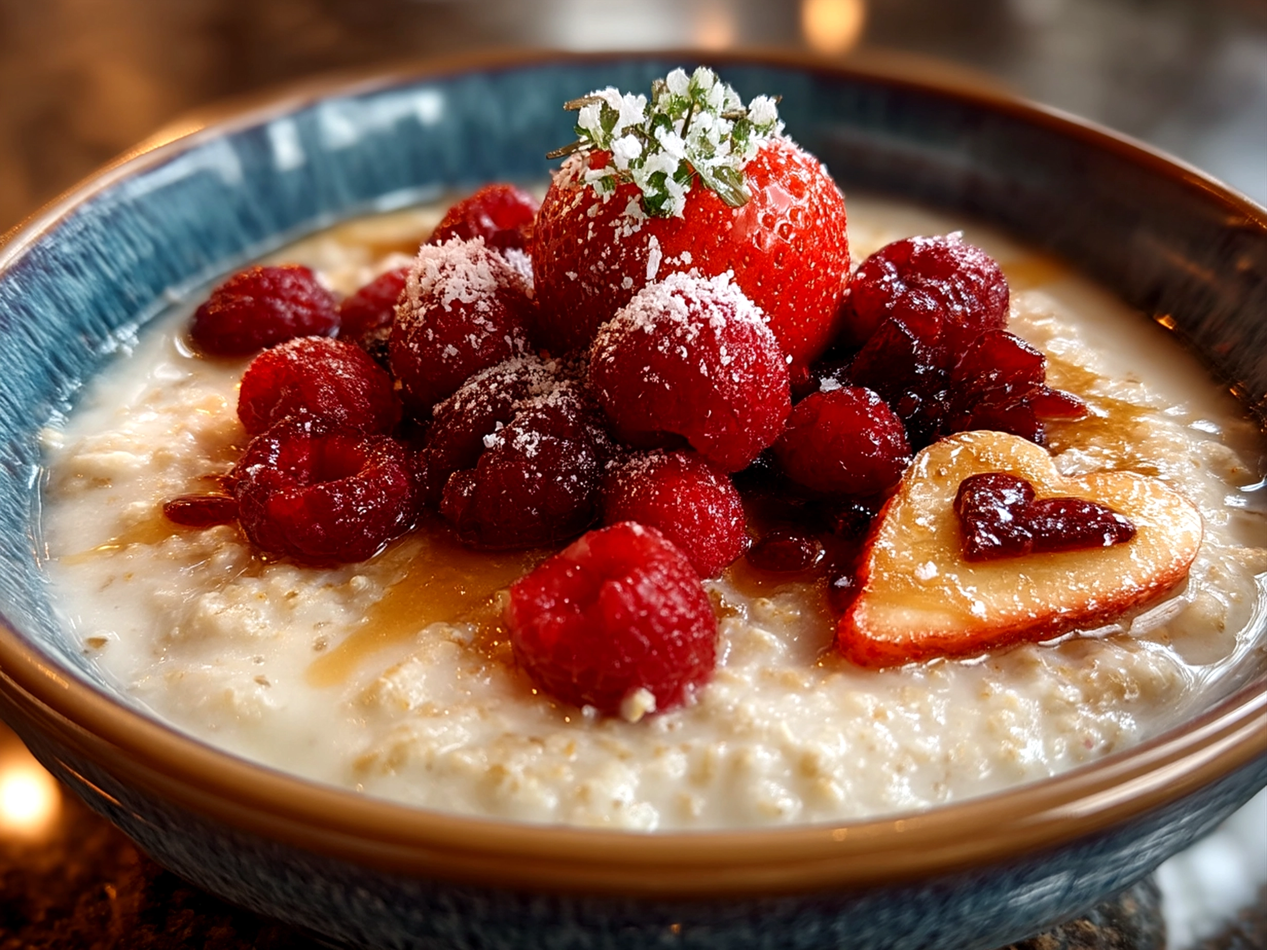 Served Valentines Oatmeal Bowl with fresh berries and almond slices