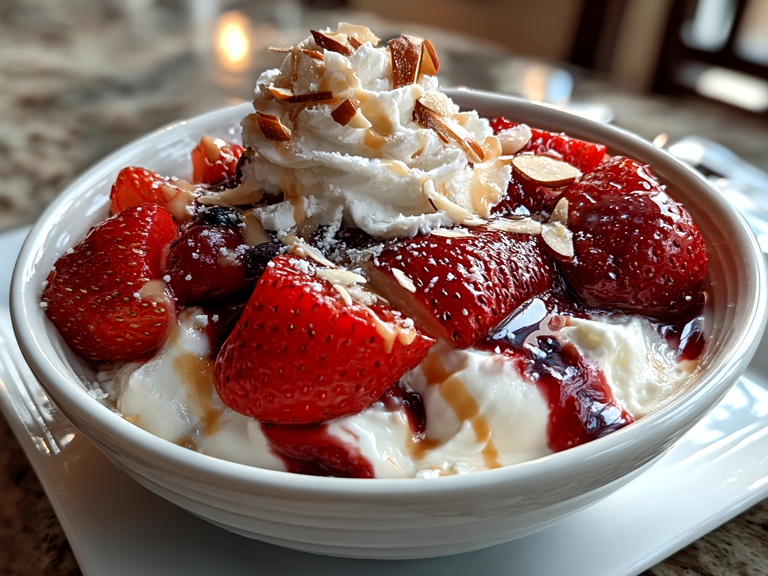 Valentine Treats Greek Yogurt Bowl served beautifully with heart-shaped strawberry slices and mixed berries