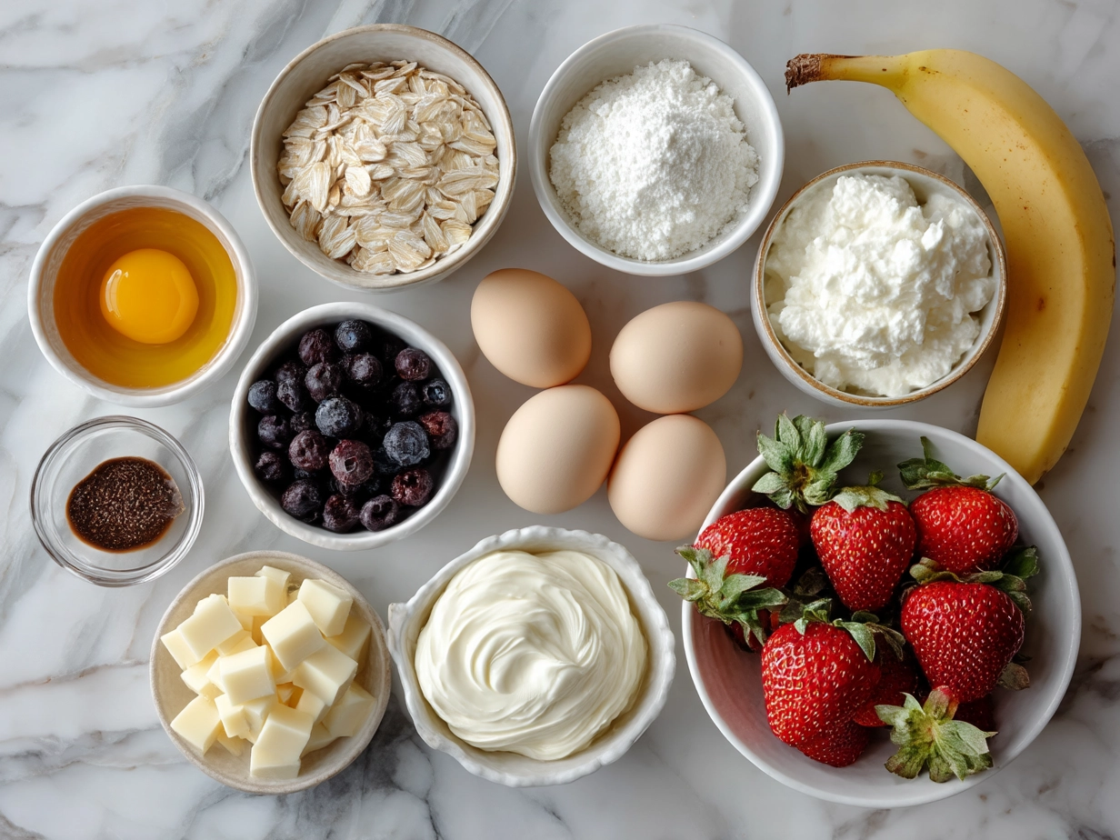 Ingredients for Valentine Treats Greek Yogurt Bowl including Greek yogurt, mixed berries, honey, nuts, cinnamon, and heart-shaped strawberry slices